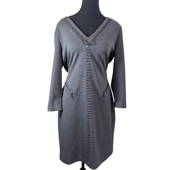 Eliza J by Karl Lagerfeld Paris Knit Gray Dress With Rivet And Zippers Size 8 - Picture 1 of 7
